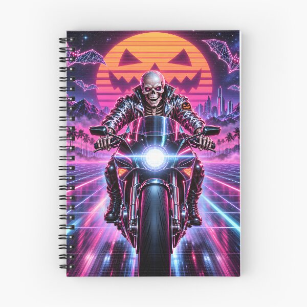 Item preview, Synthwave Skeleton Biker and Jack-o'-Lantern Sun designed and sold by bwanaboards.