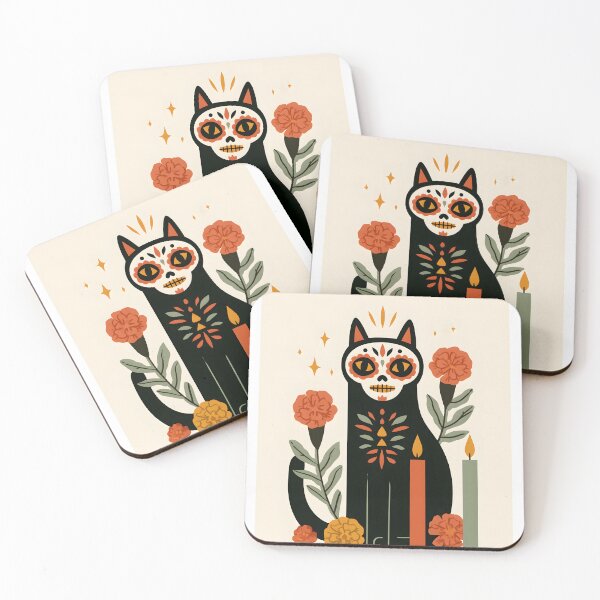 Item preview, Minimalist Calavera Cat with Marigolds designed and sold by Purrista Studio.