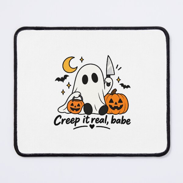Item preview, Creep It Real Cute Halloween Ghost with Pumpkin, Knife & Spooky Season Quote designed and sold by LumiMuse.