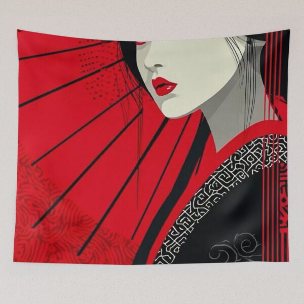 Item preview, Japanese Geisha Portrait in Red and Black — Modern Ukiyo-e Anime Art Print designed and sold by LYAN-STORE.