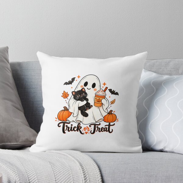 Item preview, Trick or Treat Cute Halloween Ghost with Black Cat, Pumpkin Spice Drink & Cozy Spooky Season Art designed and sold by LumiMuse.