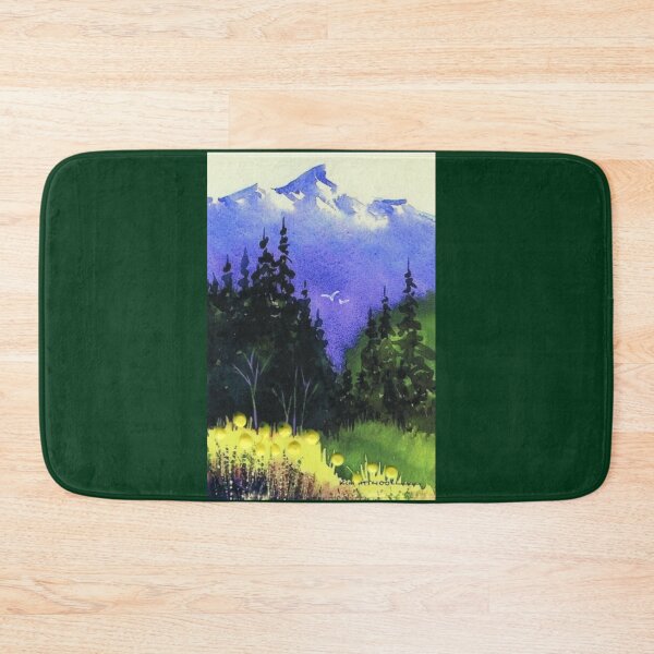 Item preview, Watercolor landscape, blue mountains, evergreens and yellow flowers. designed and sold by aswoa.