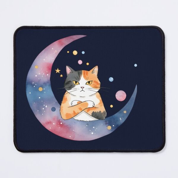Item preview, Funny Grumpy Calico Cat on Watercolor Galaxy Crescent Moon designed and sold by VibeShift Studio.