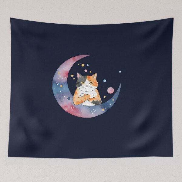 Item preview, Funny Grumpy Calico Cat on Watercolor Galaxy Crescent Moon designed and sold by VibeShift Studio.