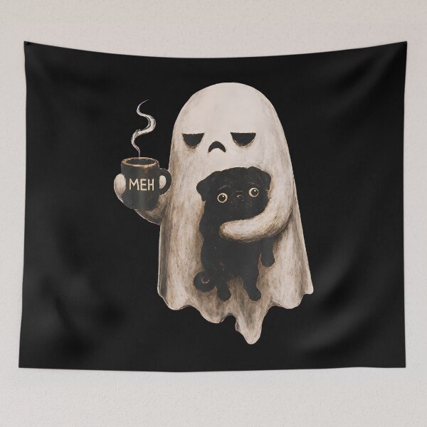 Item preview, Grumpy Ghost Holding Black Pug Dog Meh Coffee Cup Halloween designed and sold by Chromatic-Cubes.