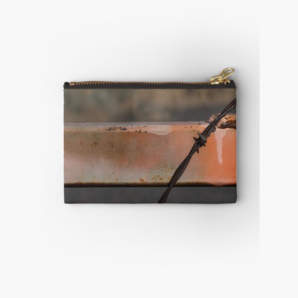 Item preview, Close-up of metal gate rail and rusty barbed wire designed and sold by lisavonbiela.