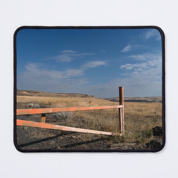 Item preview, Orange metal gate in foreground with fields and palouse in the distance designed and sold by lisavonbiela.