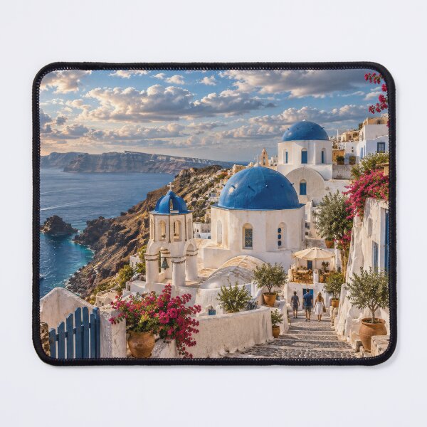 Item preview, Santorini Blue Domes and Bougainvillea – Greek Island Sea View Digital Art designed and sold by Alaa-love-art.