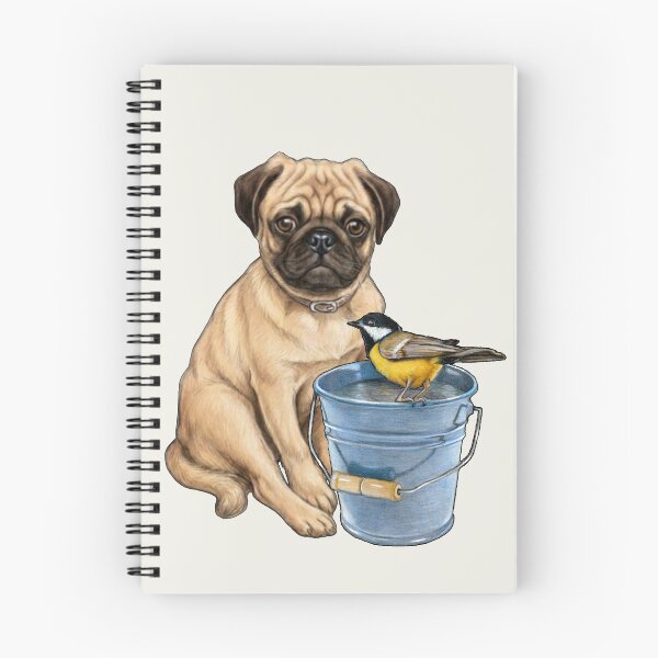 Item preview, PUG Dog with A BIRD Perched on a Blue PAIL designed and sold by JoyfulWhimsy.
