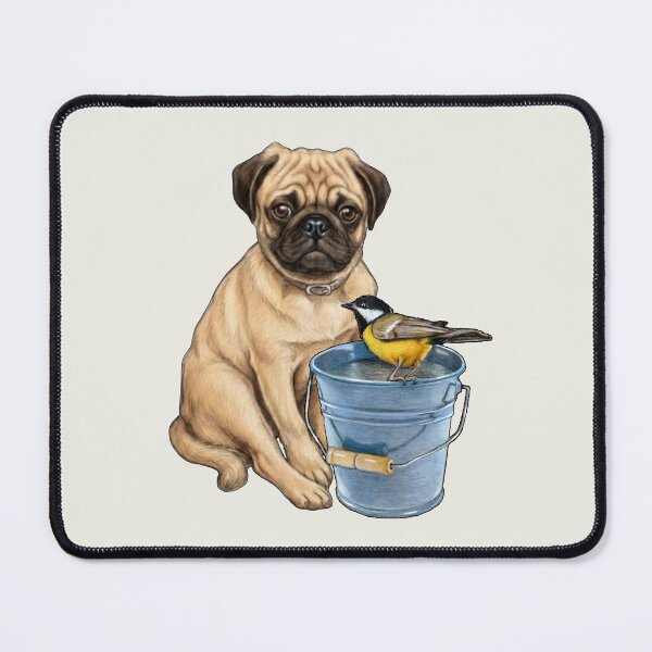 Item preview, PUG Dog with A BIRD Perched on a Blue PAIL designed and sold by JoyfulWhimsy.