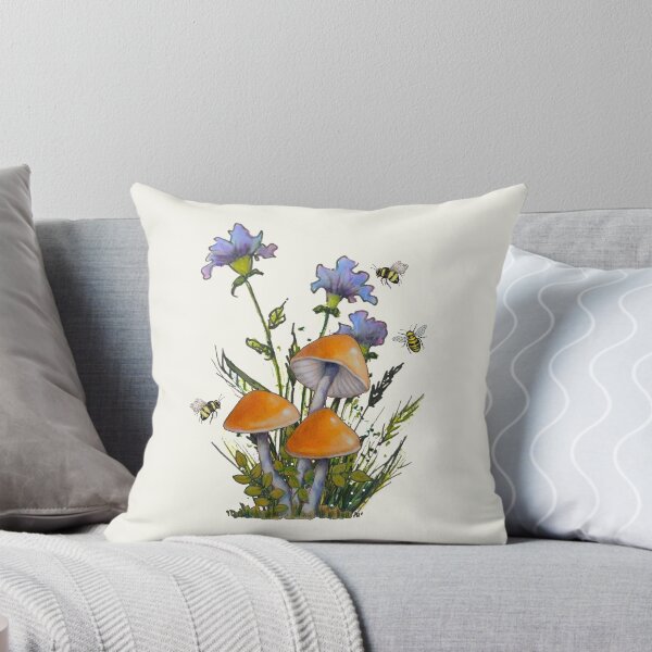 Item preview, Orange Mushrooms with Flowers and Bees, Hand Illustrated, Botanical designed and sold by JoyfulWhimsy.