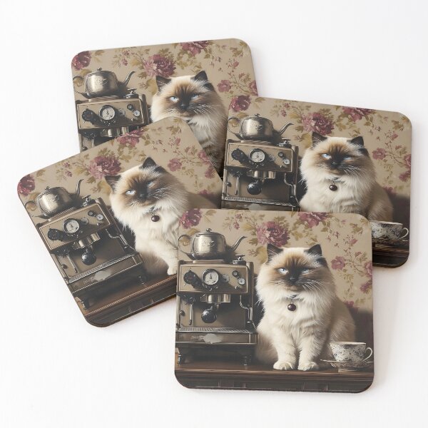Item preview, Fluffy Ragdoll Cat and Vintage Coffee Maker designed and sold by Purrista Studio.