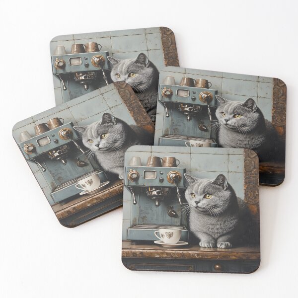 Item preview, Grey Cat and Blue Espresso Machine designed and sold by Purrista Studio.