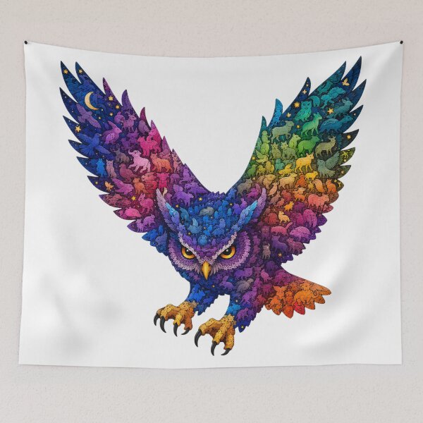 Item preview, Cosmic Flying Owl Silhouette Wood Mosaic Art designed and sold by VisualVerseLab.