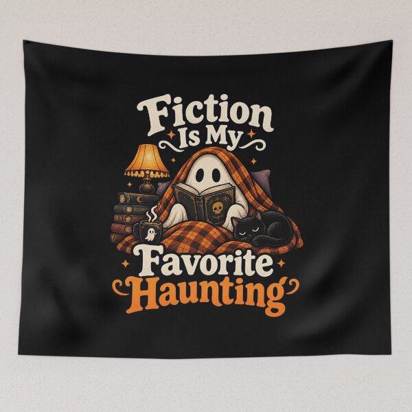 Item preview, Fiction Is My Favorite Haunting – Cozy Reading Ghost Black Cat designed and sold by Neon Bones Studio.