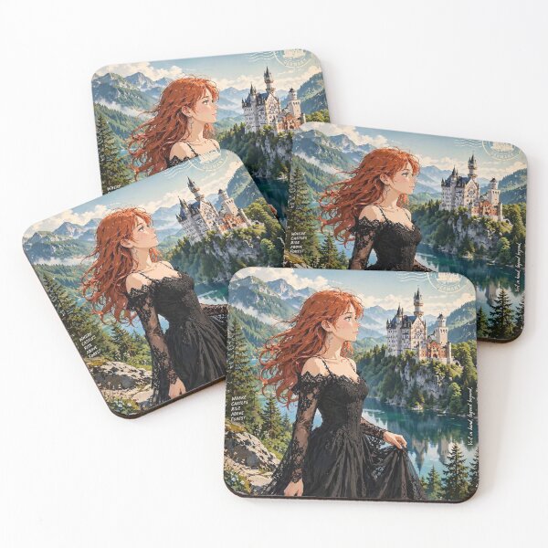 Item preview, Germany Neuschwanstein Castle with an Enchanting Redhead Traveler in Elegant Gothic Dress, Romantic Fairytale Mountain Landscape designed and sold by DibujandoPorfa.