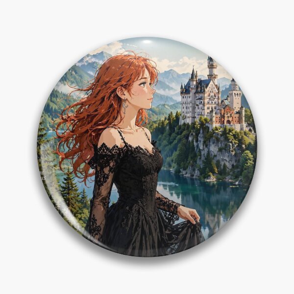 Item preview, Germany Neuschwanstein Castle with an Enchanting Redhead Traveler in Elegant Gothic Dress, Romantic Fairytale Mountain Landscape designed and sold by DibujandoPorfa.
