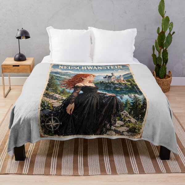 Item preview, Germany Neuschwanstein Castle with an Enchanting Redhead Traveler in Elegant Gothic Dress, Romantic Fairytale Mountain Landscape designed and sold by DibujandoPorfa.