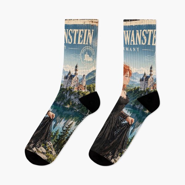 Item preview, Germany Neuschwanstein Castle with an Enchanting Redhead Traveler in Elegant Gothic Dress, Romantic Fairytale Mountain Landscape designed and sold by DibujandoPorfa.