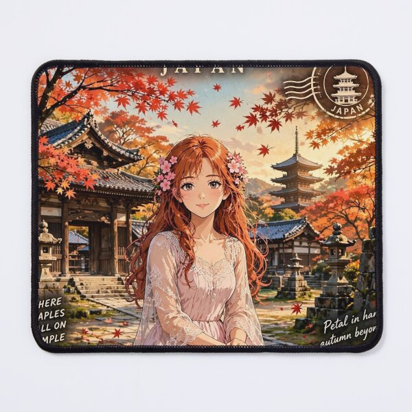 Item preview, Japan Kyoto Temple with a Sweet Redhead Traveler in a Romantic Pink Dress, Autumn Leaves and Peaceful Japanese Landscape designed and sold by DibujandoPorfa.