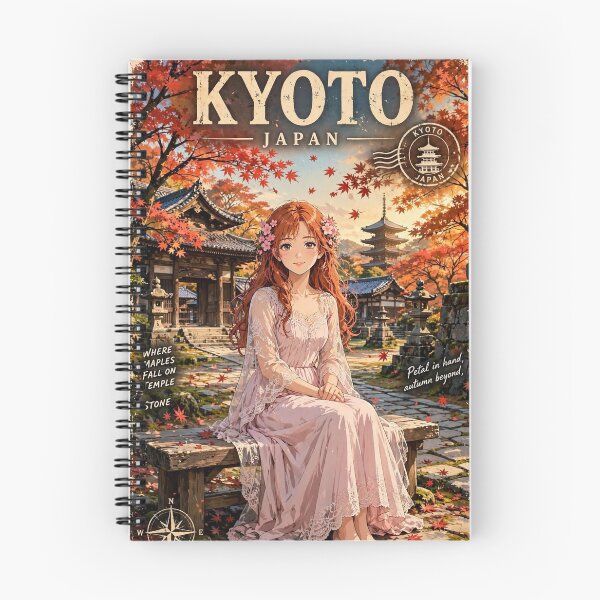 Item preview, Japan Kyoto Temple with a Sweet Redhead Traveler in a Romantic Pink Dress, Autumn Leaves and Peaceful Japanese Landscape designed and sold by DibujandoPorfa.