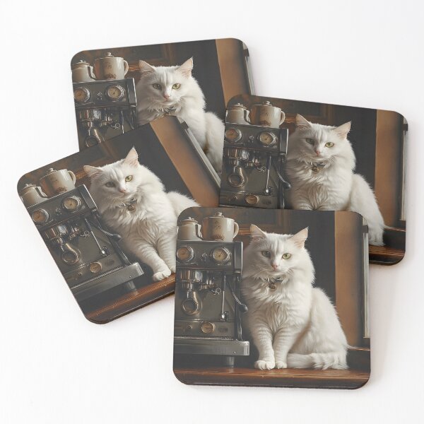 Item preview, White Fluffy Cat and Vintage Espresso Machine designed and sold by Purrista Studio.