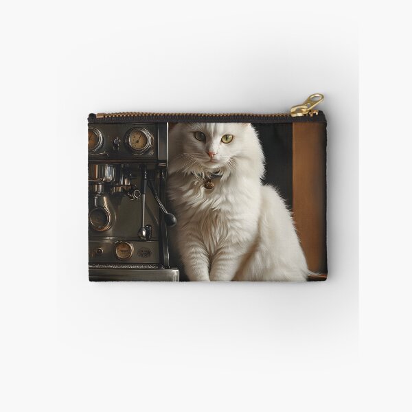 Artikelvorschau, White Fluffy Cat and Vintage Espresso Machine entworfen und verkauft von Purrista Studio.