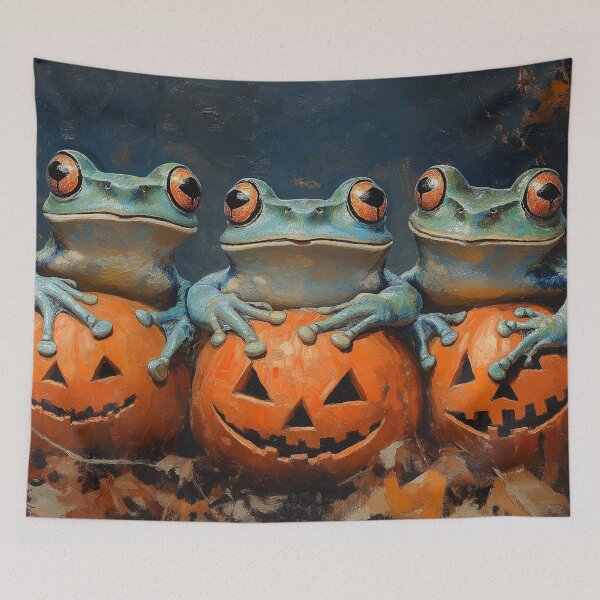 Item preview,  Three Funny Frogs Halloween Pumpkin Art – Whimsical Vintage Animal Wall Decor designed and sold by elisarasada.