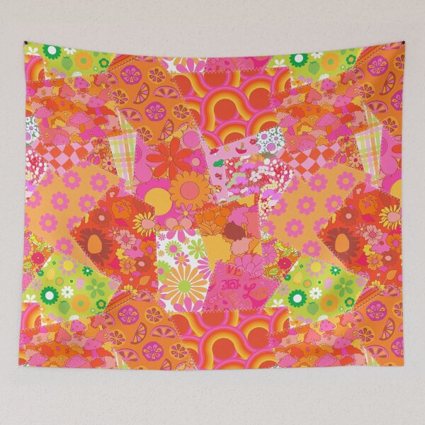 Item preview, Retro Patchwork Cheater Quilt in Pink + Orange designed and sold by YesterdayColl.
