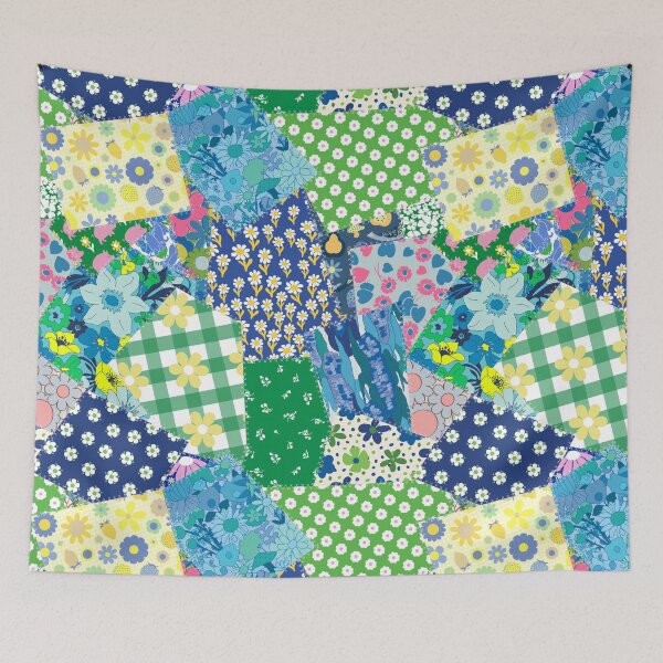 Item preview, Retro Patchwork Cheater Quilt in Green + Blue designed and sold by YesterdayColl.