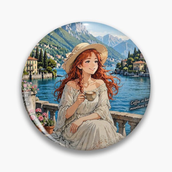 Item preview, Italy Lake Como with a Charming Redhead Traveler in an Elegant Cream Dress and Hat, Romantic Lakeside European Travel Scene designed and sold by DibujandoPorfa.