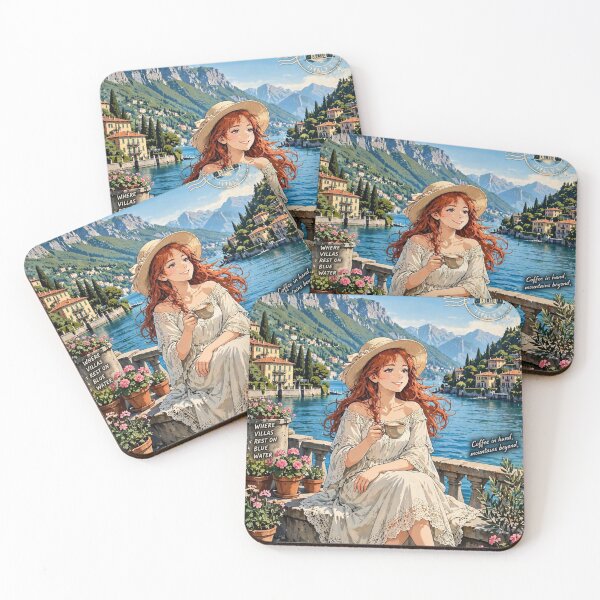 Item preview, Italy Lake Como with a Charming Redhead Traveler in an Elegant Cream Dress and Hat, Romantic Lakeside European Travel Scene designed and sold by DibujandoPorfa.