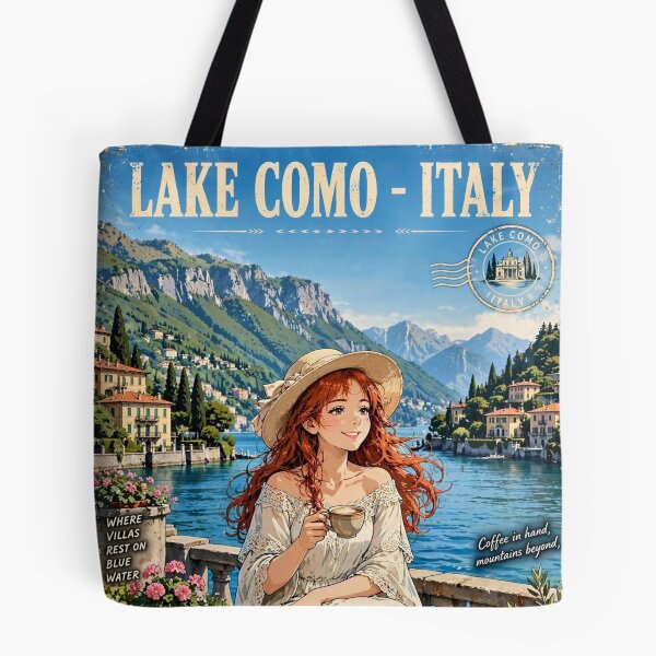 Item preview, Italy Lake Como with a Charming Redhead Traveler in an Elegant Cream Dress and Hat, Romantic Lakeside European Travel Scene designed and sold by DibujandoPorfa.