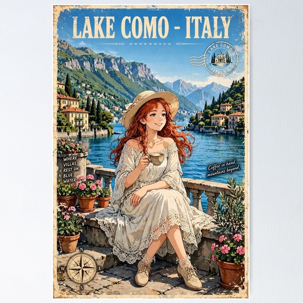 Item preview, Italy Lake Como with a Charming Redhead Traveler in an Elegant Cream Dress and Hat, Romantic Lakeside European Travel Scene designed and sold by DibujandoPorfa.