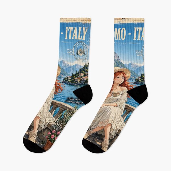 Item preview, Italy Lake Como with a Charming Redhead Traveler in an Elegant Cream Dress and Hat, Romantic Lakeside European Travel Scene designed and sold by DibujandoPorfa.