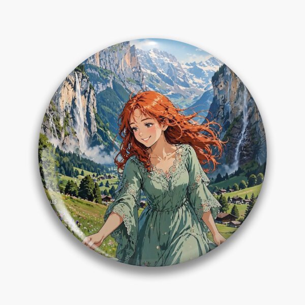 Item preview, Switzerland Lauterbrunnen Valley with a Beautiful Redhead Traveler in Emerald Green Dress, Dreamy Alpine Mountains and Waterfalls designed and sold by DibujandoPorfa.