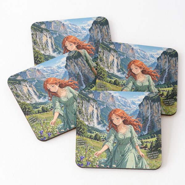 Item preview, Switzerland Lauterbrunnen Valley with a Beautiful Redhead Traveler in Emerald Green Dress, Dreamy Alpine Mountains and Waterfalls designed and sold by DibujandoPorfa.