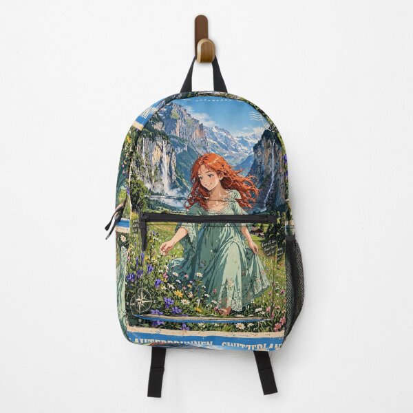 Item preview, Switzerland Lauterbrunnen Valley with a Beautiful Redhead Traveler in Emerald Green Dress, Dreamy Alpine Mountains and Waterfalls designed and sold by DibujandoPorfa.