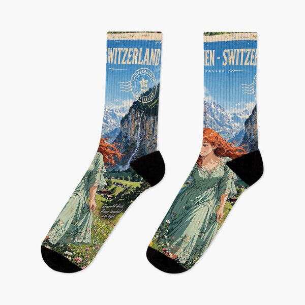 Item preview, Switzerland Lauterbrunnen Valley with a Beautiful Redhead Traveler in Emerald Green Dress, Dreamy Alpine Mountains and Waterfalls designed and sold by DibujandoPorfa.