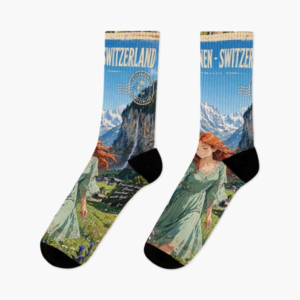 Item preview, Switzerland Lauterbrunnen Valley - Traveler in Emerald Green Dress, Dreamy Alpine Mountains and Waterfalls designed and sold by DibujandoPorfa.