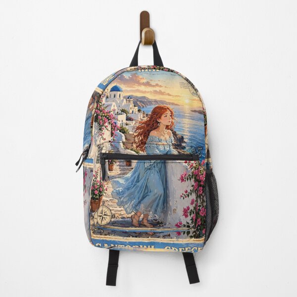 Item preview, Greece Santorini with a Beautiful Redhead Traveler in a Flowing Blue Dress, White Village and Dreamy Mediterranean Sea View designed and sold by DibujandoPorfa.