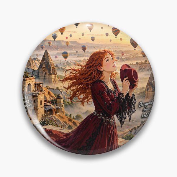 Item preview, Turkey Cappadocia with an Enchanting Redhead Traveler in Burgundy Gothic Dress, Magical Hot Air Balloons and Golden Valley Landscape designed and sold by DibujandoPorfa.