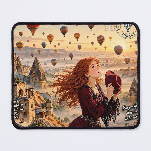 Item preview, Turkey Cappadocia with an Enchanting Redhead Traveler in Burgundy Gothic Dress, Magical Hot Air Balloons and Golden Valley Landscape designed and sold by DibujandoPorfa.