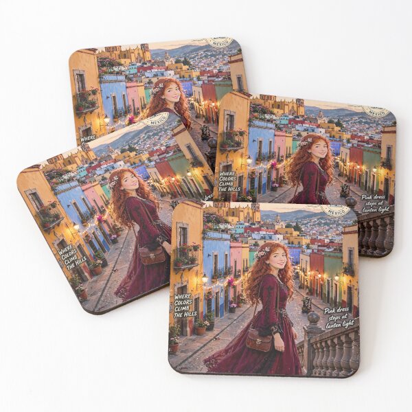 Item preview, Mexico Guanajuato with a Charming Redhead Traveler in a Romantic Burgundy Dress, Colorful Colonial Streets and Magical Evening Atmosphere designed and sold by DibujandoPorfa.