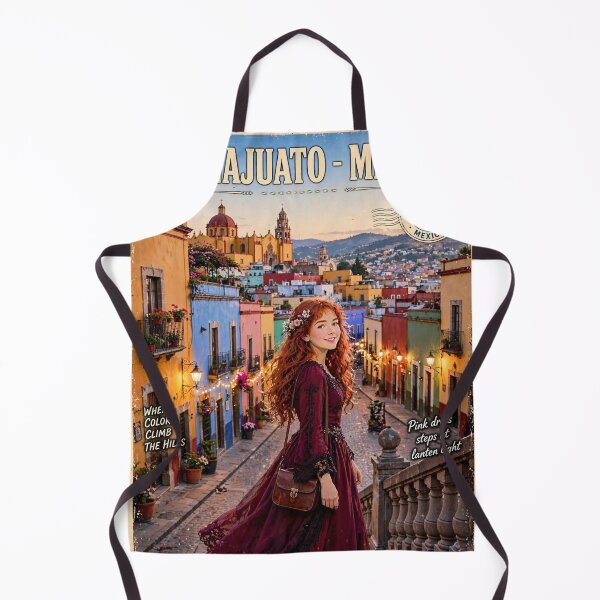 Item preview, Mexico Guanajuato with a Charming Redhead Traveler in a Romantic Burgundy Dress, Colorful Colonial Streets and Magical Evening Atmosphere designed and sold by DibujandoPorfa.