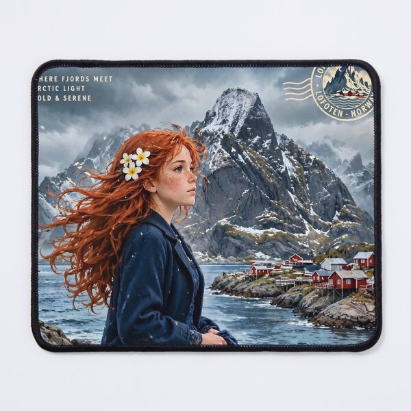 Item preview, Norway Lofoten Islands with a Mysterious Redhead Traveler in an Elegant Navy Dress, Dramatic Mountains and Nordic Coastal Landscape designed and sold by DibujandoPorfa.