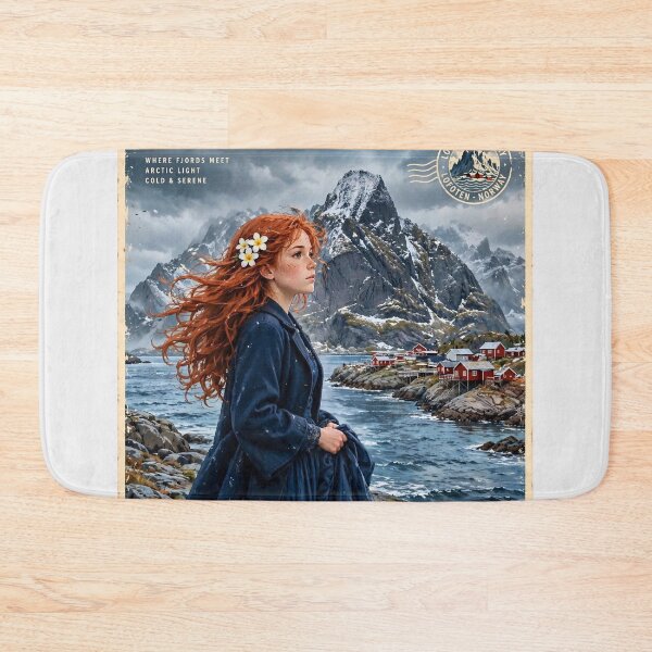 Item preview,  Norway Lofoten Islands with a Mysterious Redhead Traveler in an Elegant Navy Dress, Dramatic Mountains and Nordic Coastal Landscape designed and sold by DibujandoPorfa.