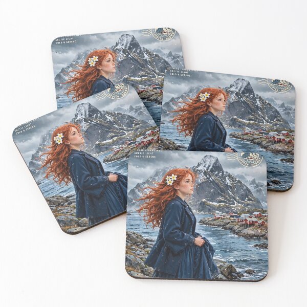 Item preview,  Norway Lofoten Islands with a Mysterious Redhead Traveler in an Elegant Navy Dress, Dramatic Mountains and Nordic Coastal Landscape designed and sold by DibujandoPorfa.
