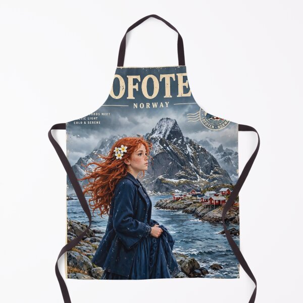 Item preview,  Norway Lofoten Islands with a Mysterious Redhead Traveler in an Elegant Navy Dress, Dramatic Mountains and Nordic Coastal Landscape designed and sold by DibujandoPorfa.