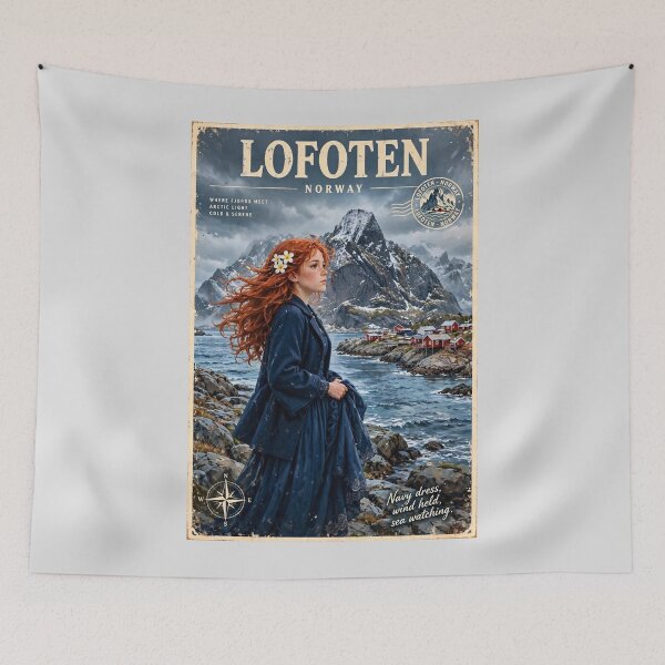Item preview,  Norway Lofoten Islands with a Mysterious Redhead Traveler in an Elegant Navy Dress, Dramatic Mountains and Nordic Coastal Landscape designed and sold by DibujandoPorfa.